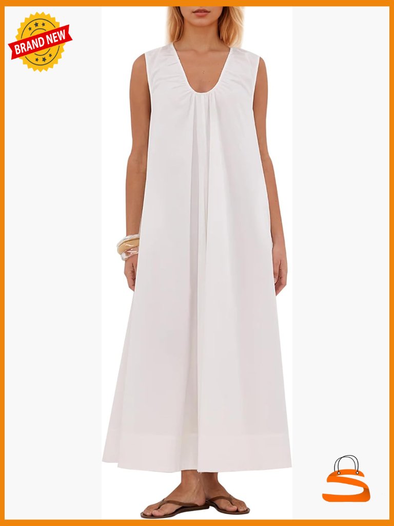 Sleeveless Ruched Maxi Dress With Pockets Scoop Neck Loose Fit